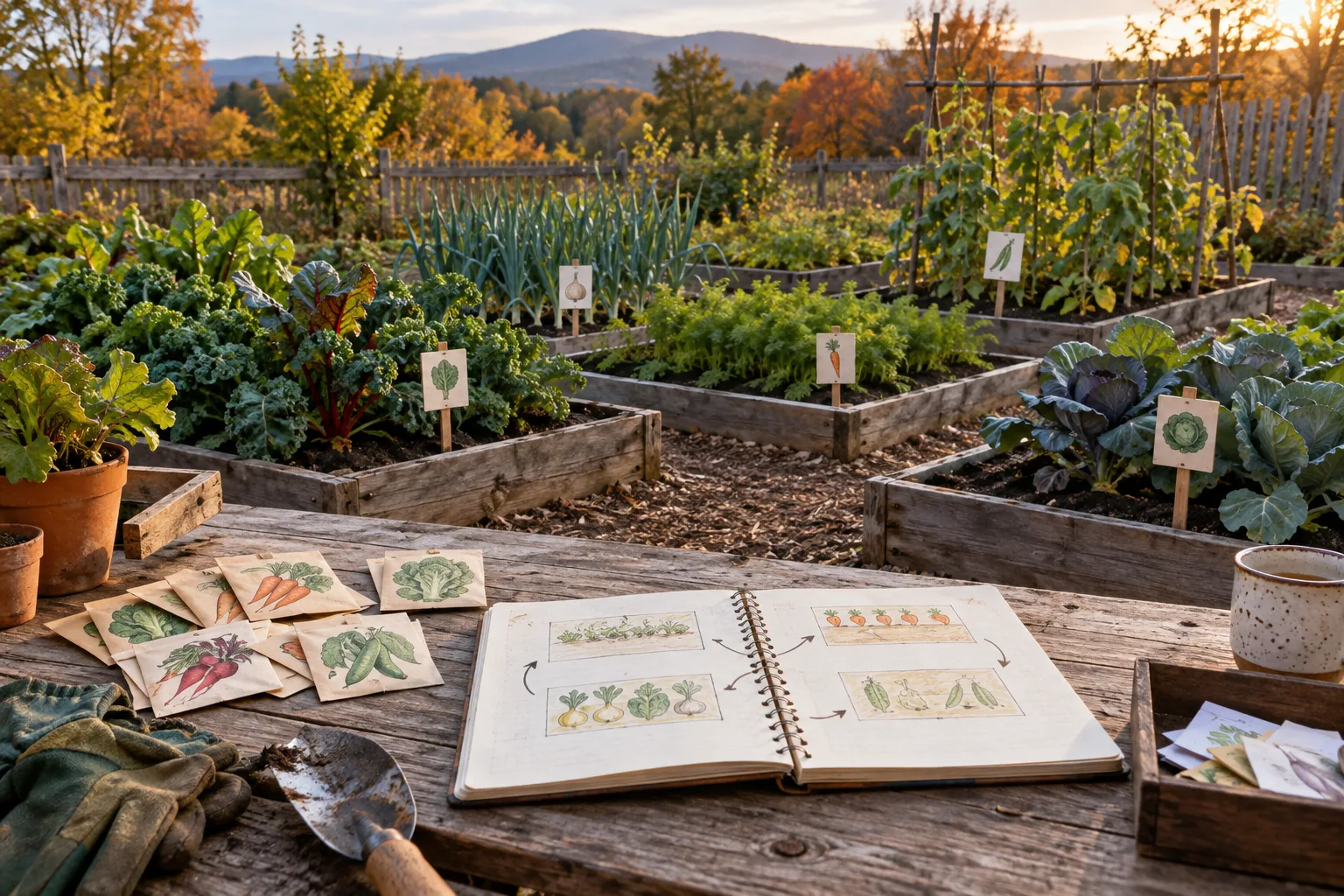 Small vegetable beds with a crop rotation notebook and seed packets.