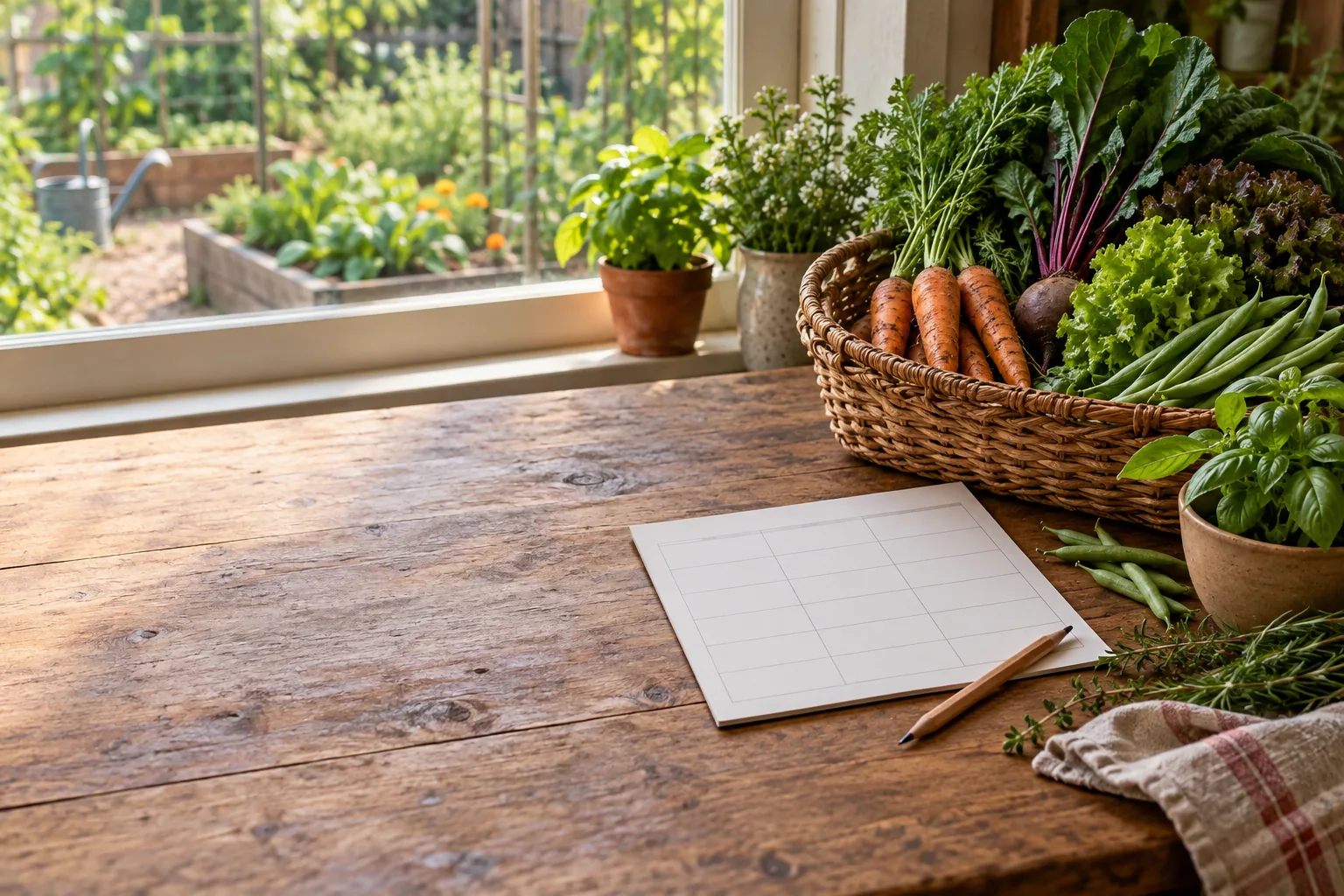 A seasonal harvest basket beside a blank weekly meal plan.