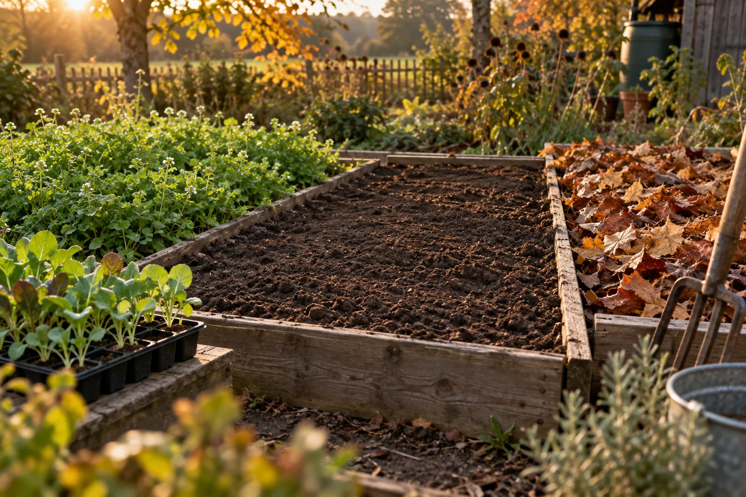 An empty autumn garden bed with options for another crop, cover crop, mulch, or rest.