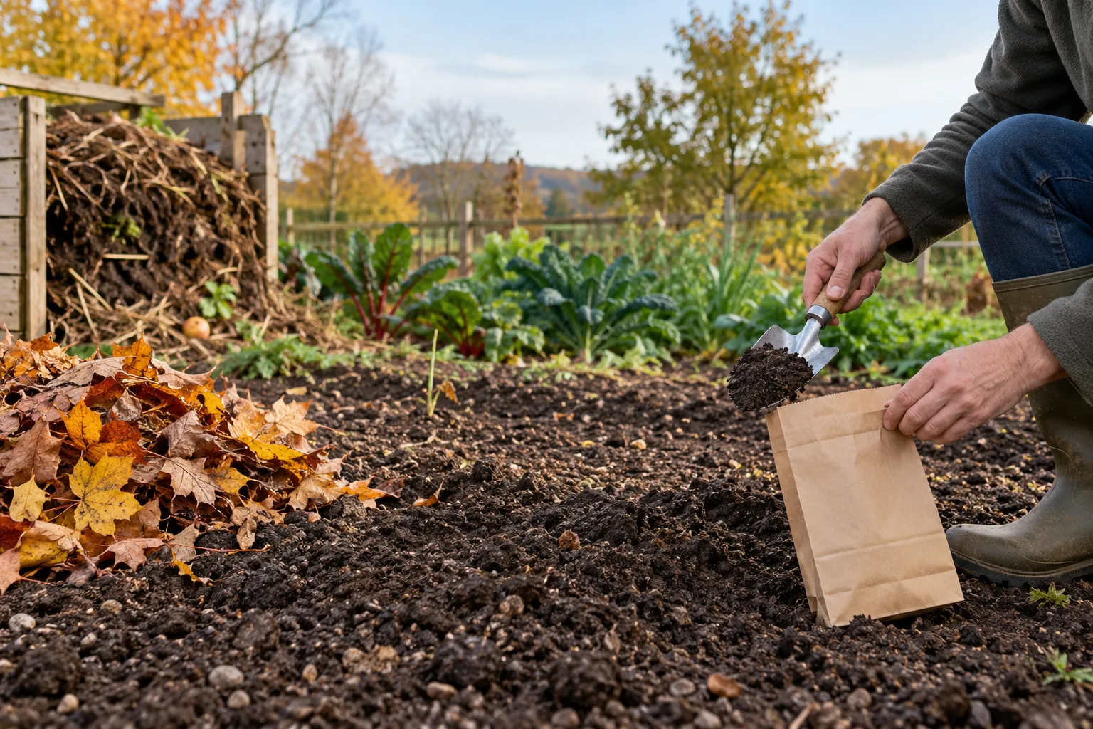 A vegetable bed being cleaned beside a labeled soil sample and hand tools.