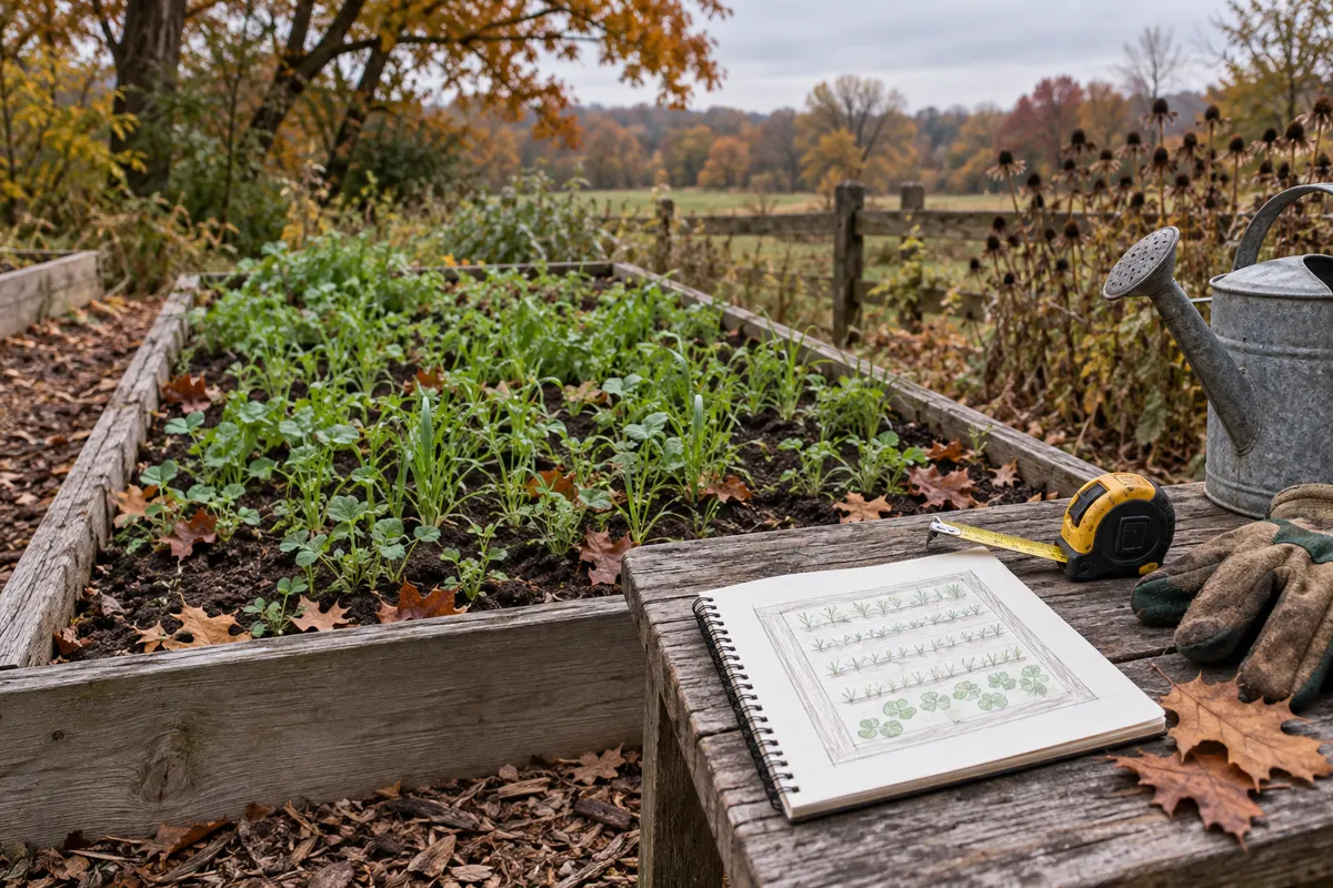 An autumn vegetable bed with temporary cover crops, a garden map, and a measuring tape.