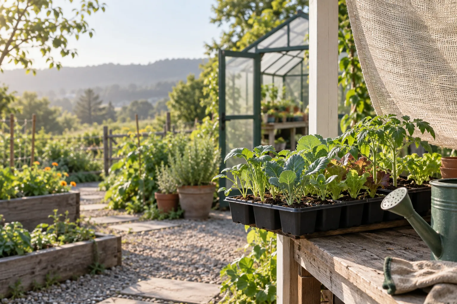 Seedlings moving gradually from a sheltered porch toward an outdoor garden.
