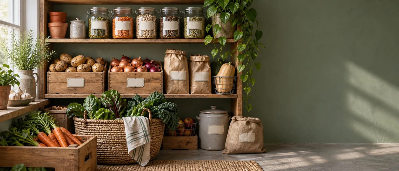 An organized pantry shelf with harvest crates and storage jars.
