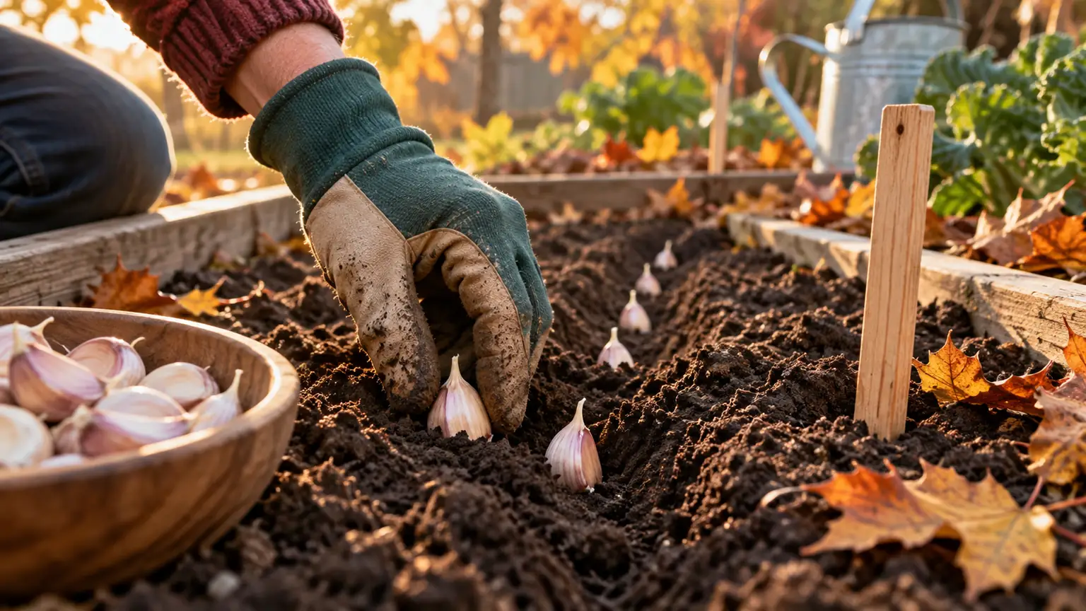 An autumn garden bed prepared for a careful garlic planting decision.