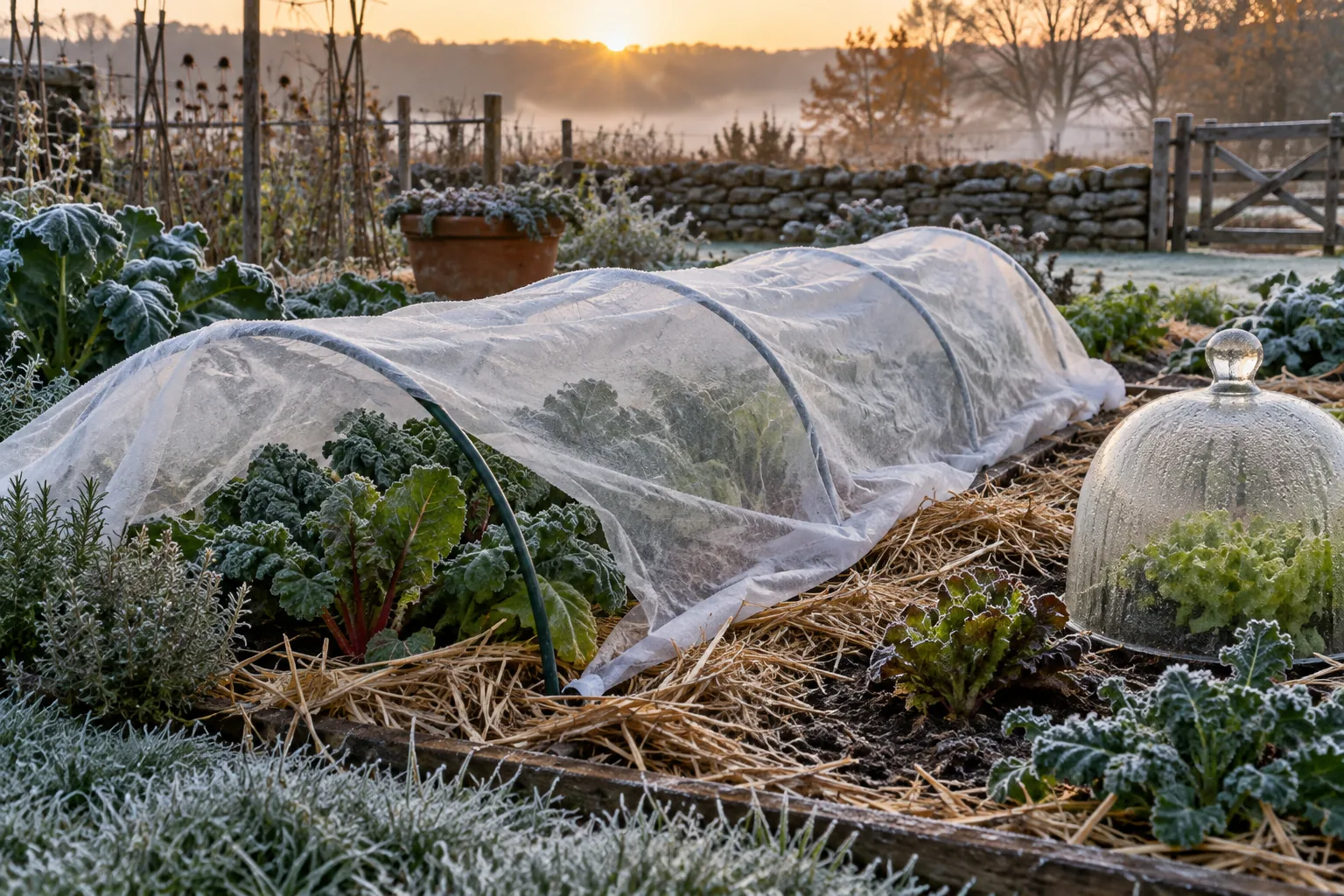 Row cloth, a cloche, and straw mulch protecting fall vegetables from frost.