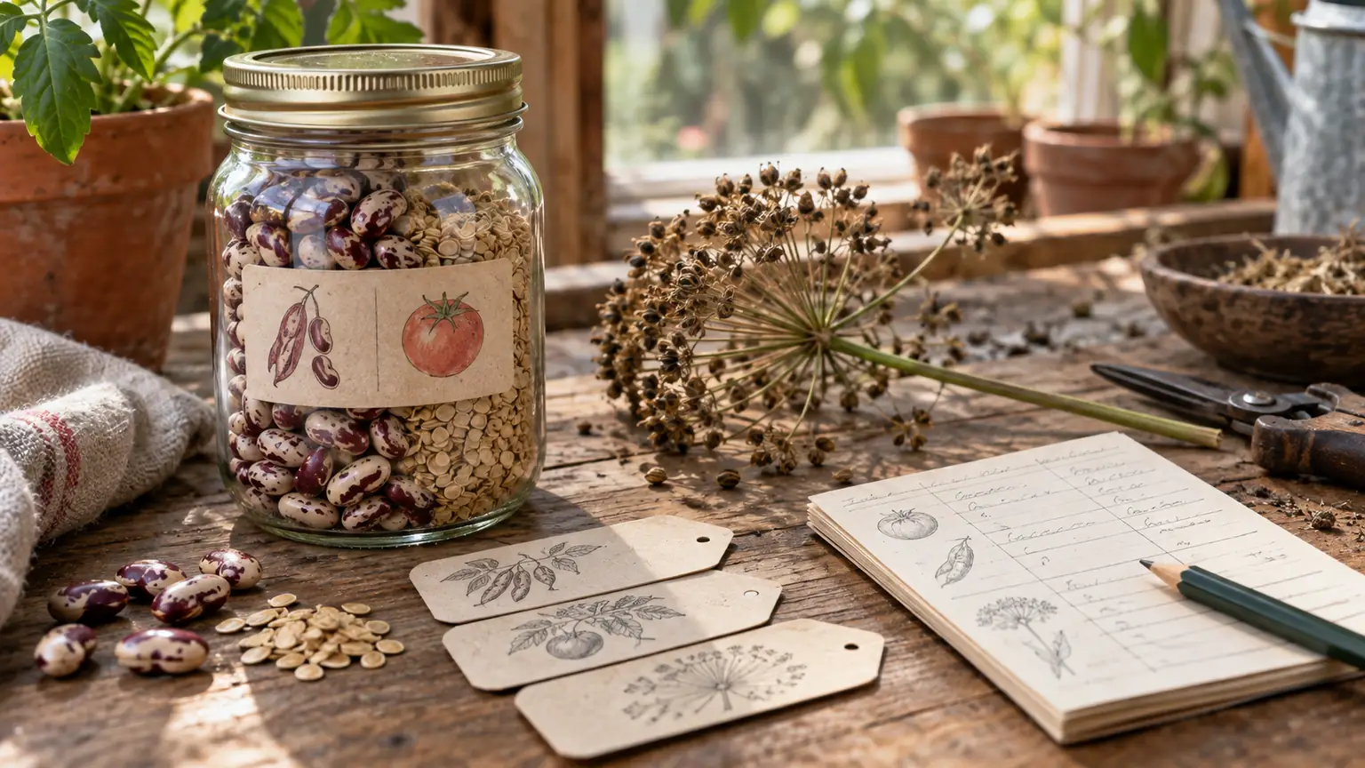 Harvested vegetables and a seed-saving record prepared for storage.