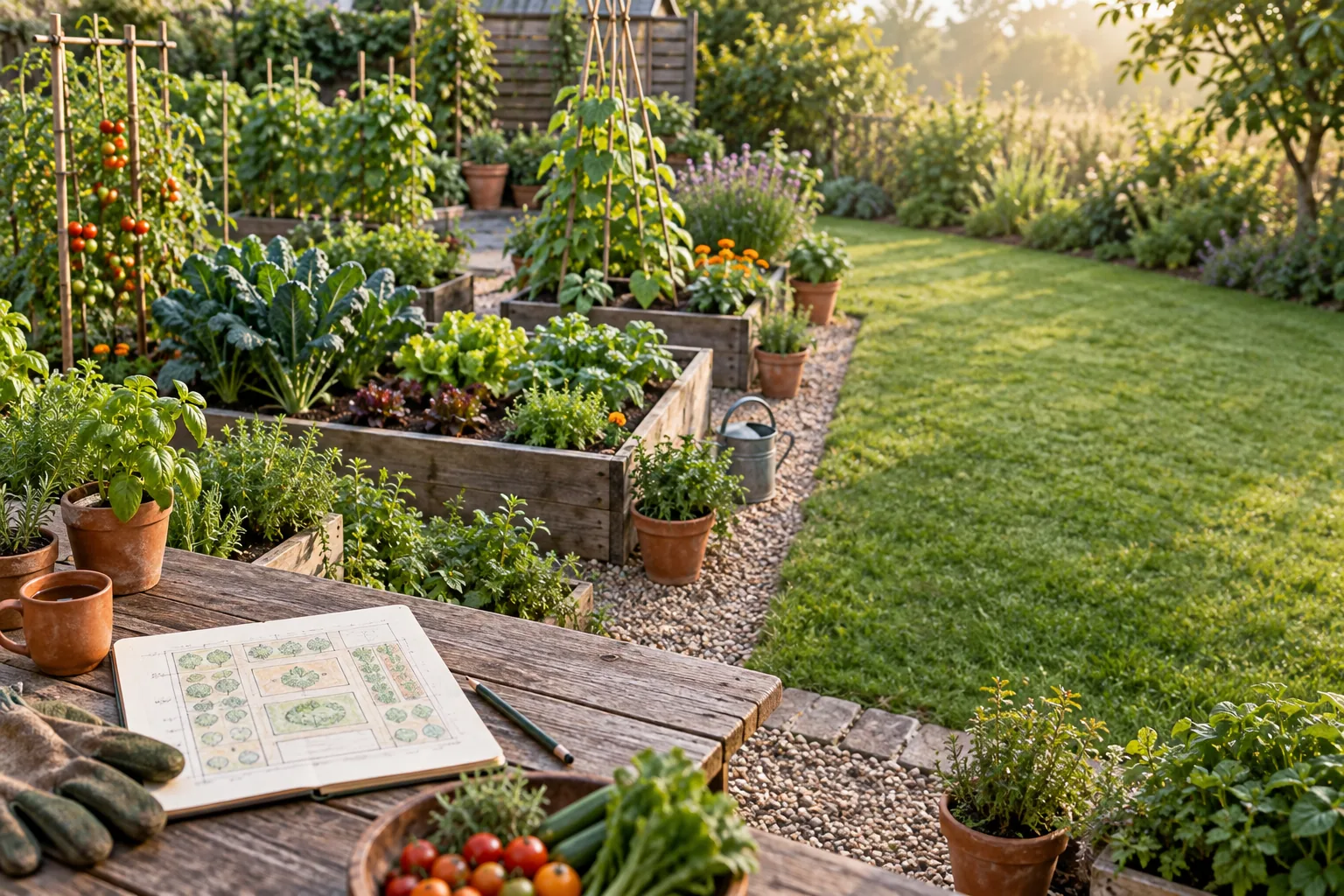A compact productive vegetable garden divided into beds, containers, and paths.