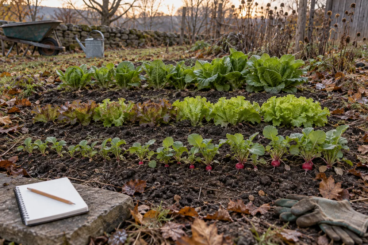 Short autumn vegetable rows at different stages beside a garden notebook.