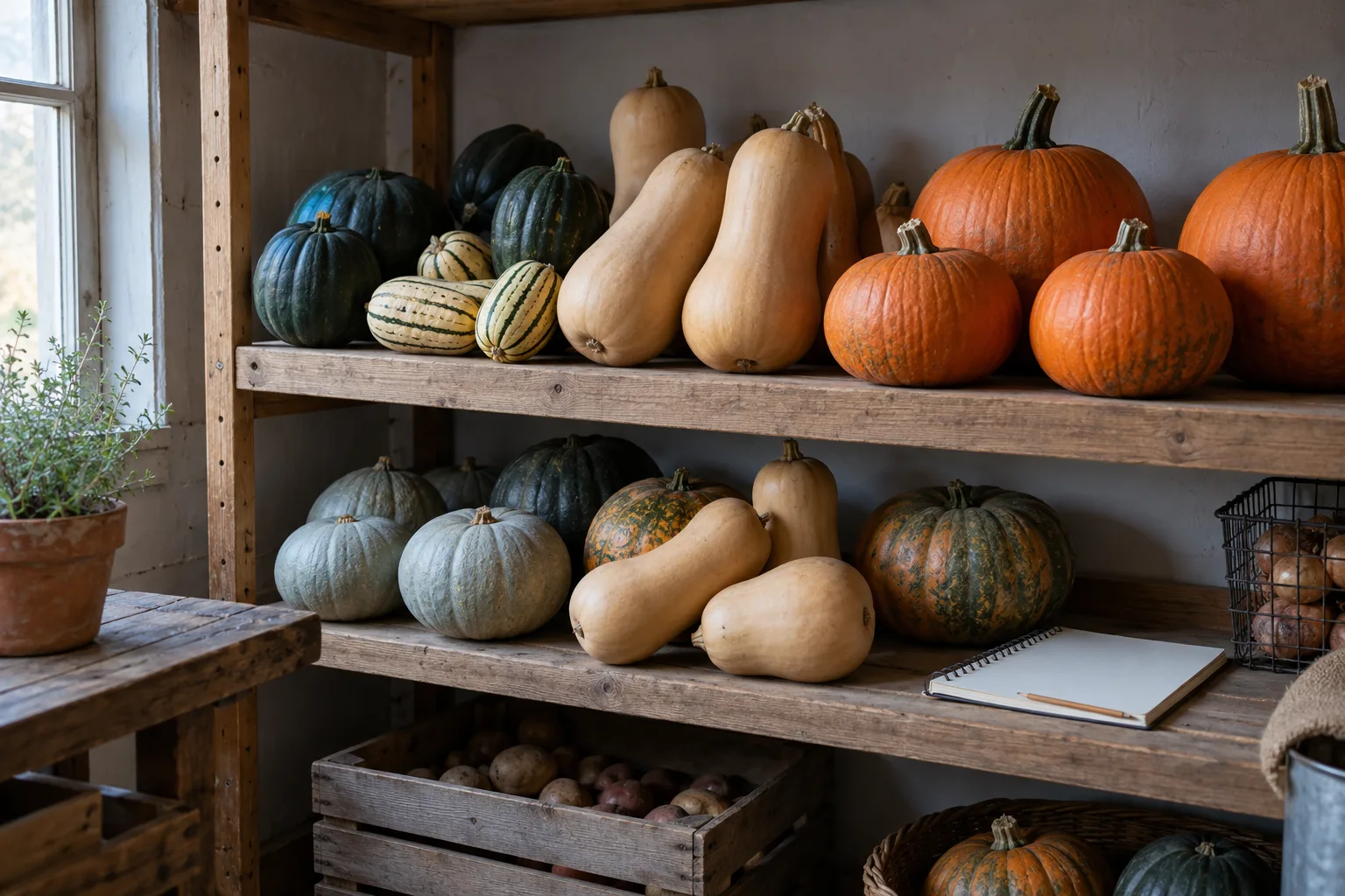 Winter squash arranged with airflow space on a cool pantry shelf.